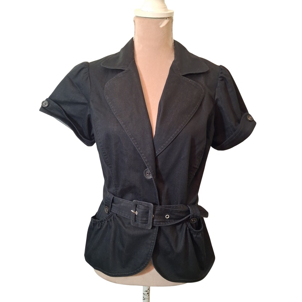 Wrapper Juniors Black Short Sleeve Belted Tailored Blazer Jacket Size Large Y2k